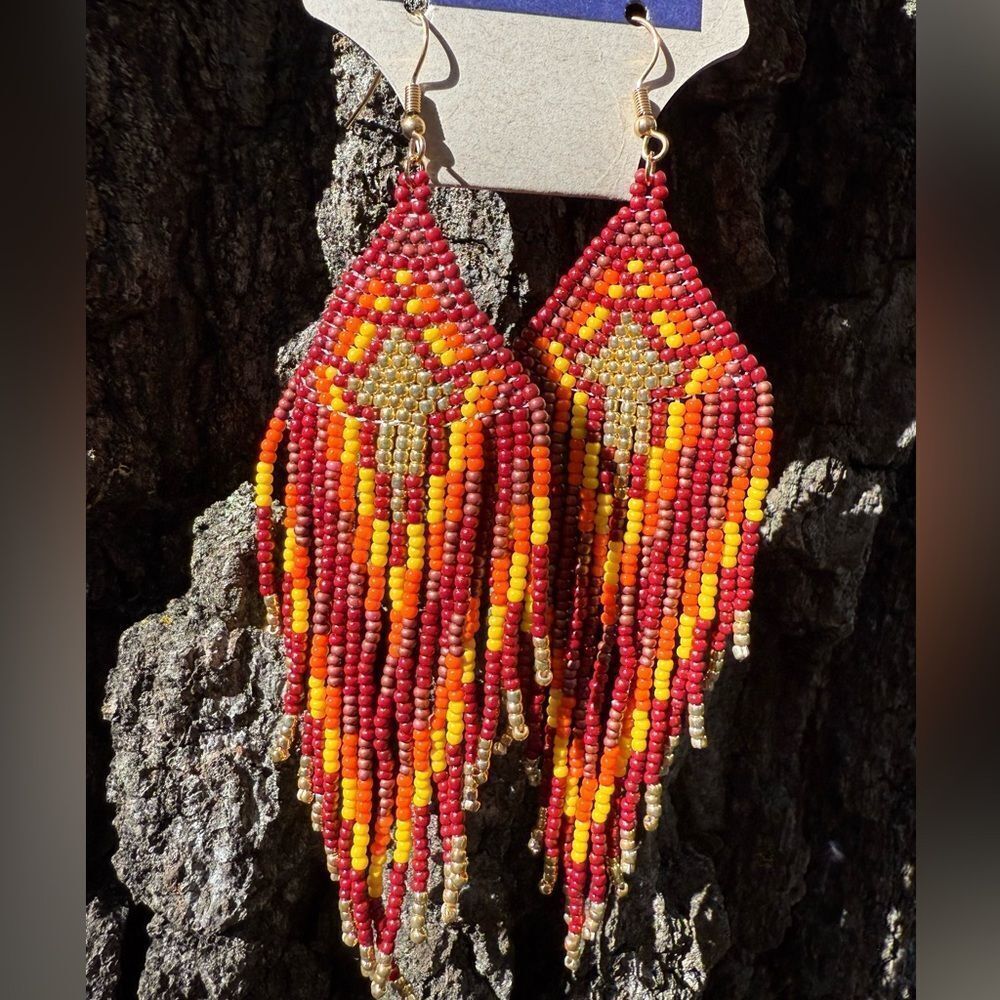 Western Earrings Fringe Burgundy Yellow Orange Gold Beaded Wine Crimsom